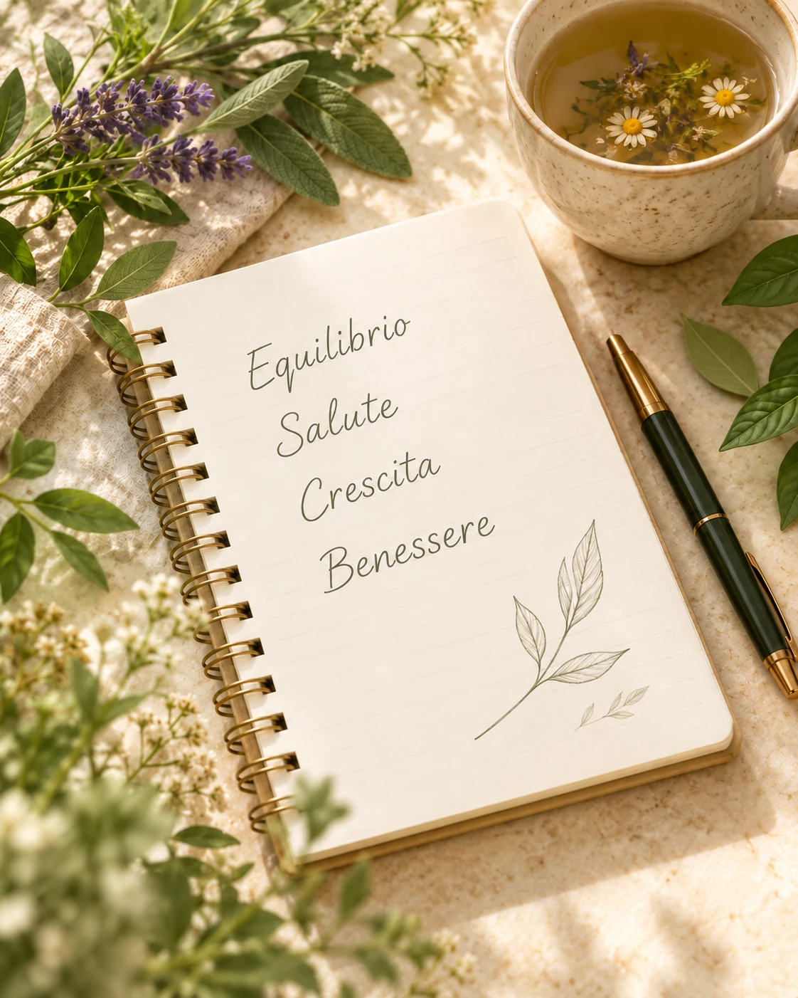 Quaderno con le parole Equilibrio, Salute, Crescita e Benessere, accanto a una tisana, una penna e rami botanici.